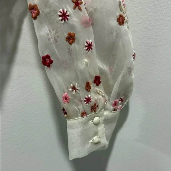 Zara Cream Sheer Blouse with Pink Floral Embroidery & Pearl Design - Picture 4 of 6